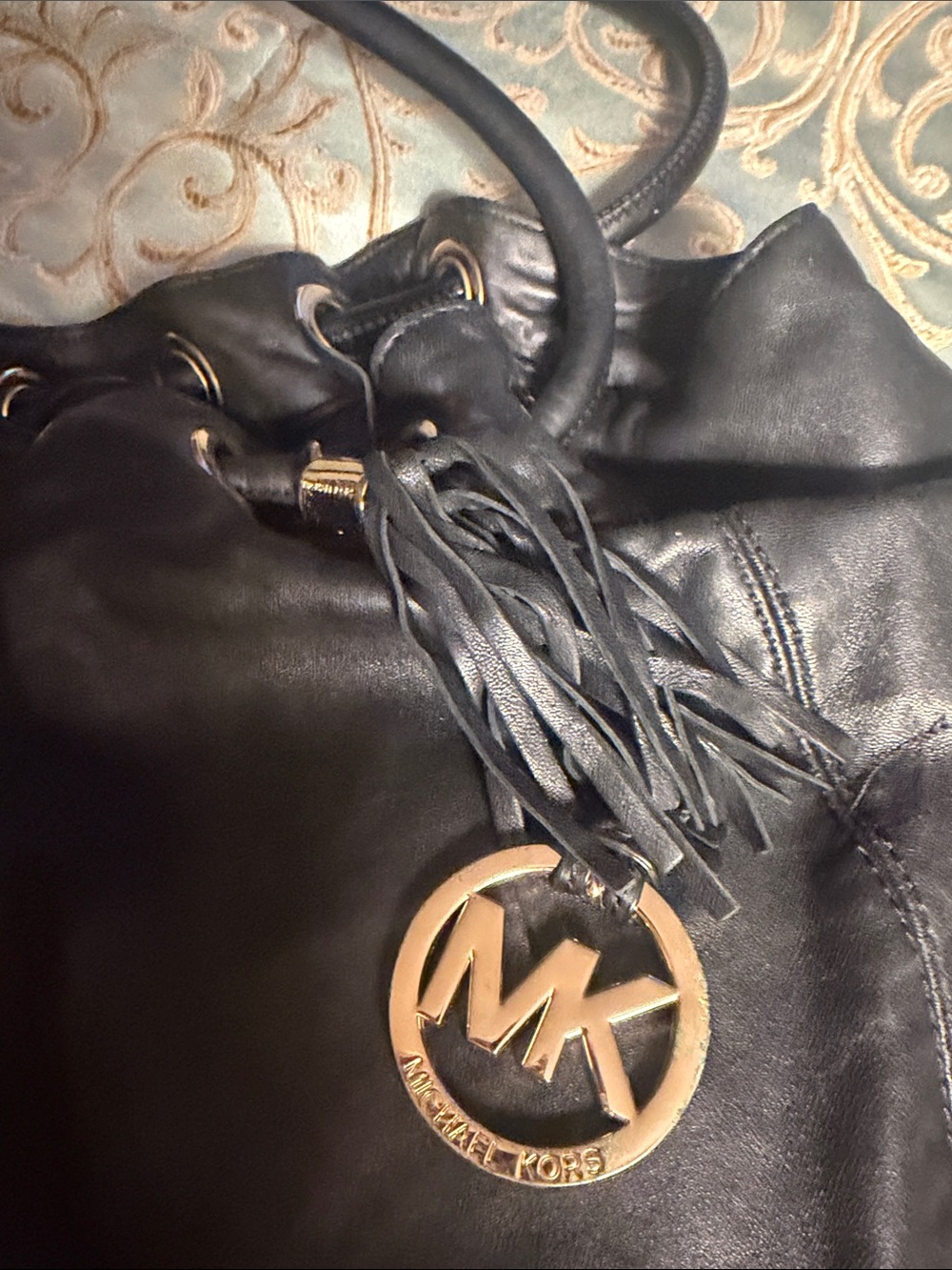 Michael Kors Black Leather Shoulder Tote with Gold MK Charm